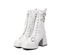 KUHAOFEU Women's Platform Ankle Boots with High Chunky Heel Lace-Up Square Toe Patent Leather Booties,White,9 UK