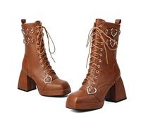 KUHAOFEU Women's Platform Ankle Boots with High Chunky Heel Lace-Up Square Toe Patent Leather Booties,Brown,2 UK