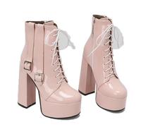 KUHAOFEU Women's Platform Combat Boots Chunky Block Heel High Top Fashion Boots for Fall Winter,Pink,5 UK