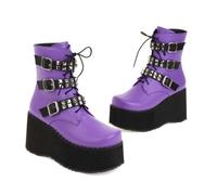 KUHAOFEU Women's Platform Gothic Ankle Booties with Studded Metal Buckle Lace Up Wedge Thick Sole Punk Motorcycle Combat Short Boots,Purple,8 UK