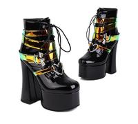 KUHAOFEU Women's Platform High Chunky Heel Combat Goth Ankle Boots Buckles Patent Leather Lace Up Block Heeled Booties,Black Patent Leather,6 UK