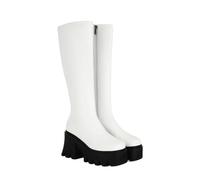 KUHAOFEU Women's Platform Knee Boots Lug Sole Zipper Square Toe Chunky Block Heels Fall Boots,White,10 UK