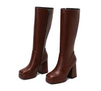 KUHAOFEU Womens Platform Knee High Boots Chunky Block Heel Square Toe Tall Boots Side Zipper Fall Dress Shoes,Brown,3 UK