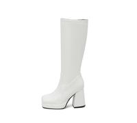 KUHAOFEU Womens Platform Knee High Boots Chunky Block Heel Square Toe Tall Boots Side Zipper Fall Dress Shoes,White,2 UK