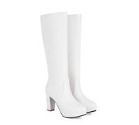 KUHAOFEU Women's Platform Knee High Boots Fashion Chunky Block Heel Warm Winter Tall Boots with Side Zippers,White,7 UK