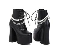 KUHAOFEU Womens Platform Lace Up Ankle Boots Studded Side Zipper Lace Up Motorcycle Boots Chunky Block Heel Warm Cosplay Winter Shoes,Black PU Leather,6 UK