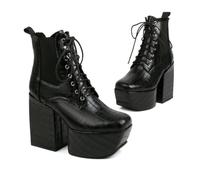 KUHAOFEU Women's Platform Lace Up Chelsea Boots Square Toe Chunky Block High Heel Booties Elastic Combat Ankle Boots,Black,14 UK