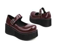 KUHAOFEU Women's Platform Mary Janes Wedge Heel Uniform Dress Shoes Heeled Gothic Lolita Oxfords with Adjustable Ankle Buckle,Burgundy,9 UK