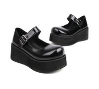 KUHAOFEU Women's Platform Mary Janes Wedge Heel Uniform Dress Shoes Heeled Gothic Lolita Oxfords with Adjustable Ankle Buckle,Black,7 UK