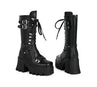 KUHAOFEU Women's Platform Mid-Calf Boots Lace Up Chunky High Heel Winter Combat Boots with Back Zip High Tube Biker Booties,Black Faux Leather,6 UK