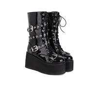 KUHAOFEU Womens Platform Mid Calf Combat Boots Wedge Heel Gothic Chunky Boots Lace-Up Buckle Punk Motorcycle Boots,Black Patent Leather,9 UK
