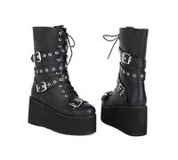 KUHAOFEU Womens Platform Mid Calf Combat Boots Wedge Heel Gothic Chunky Boots Lace-Up Buckle Punk Motorcycle Boots,Black PU,10 UK