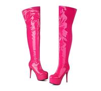 KUHAOFEU Women's Platform Round Toe Stiletto Heels Patent Leather Over Knee Thigh High Boot for Lady Party Dance Dressy,Pink,3 UK