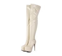 KUHAOFEU Women's Platform Round Toe Stiletto Heels Patent Leather Over Knee Thigh High Boot for Lady Party Dance Dressy,Beige,9 UK