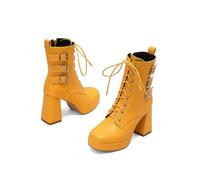 KUHAOFEU Women's Platform Short Boots Chunky High Heel Square Toe Combat Ankle Booties,Yellow,9 UK