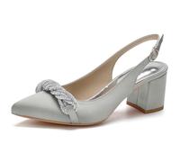 KUHAOFEU Women's Pointed Toe Block Heel Pumps Slingback Low Chunky Heel Slip On Evening Party Dress Shoes,Silver,9 UK
