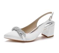 KUHAOFEU Women's Pointed Toe Block Heel Pumps Slingback Low Chunky Heel Slip On Evening Party Dress Shoes,White,4 UK