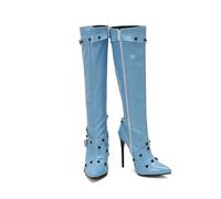 KUHAOFEU Women's Pointed Toe Buckle Strap Stiletto Heel Knee High Boots Rivets Stud Tall Sexy Dress Long Boots with Zipper,Blue,2 UK