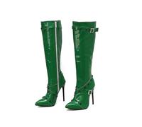 KUHAOFEU Women's Pointed Toe Buckle Strap Stiletto Heel Knee High Boots Rivets Stud Tall Sexy Dress Long Boots with Zipper,Green,11 UK