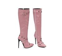 KUHAOFEU Women's Pointed Toe Buckle Strap Stiletto Heel Knee High Boots Rivets Stud Tall Sexy Dress Long Boots with Zipper,Pink,8 UK