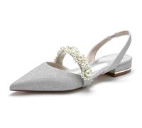 KUHAOFEU Women's Pointed Toe Glitter Pearl Wedding Sandals Slingback Flats for Bride Prom Evening Bridal Party Dress Shoes,Silver,9 UK