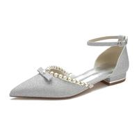 KUHAOFEU Women's Pointed Toe Pearl Wedding Flats for Bride Glitter Bridal Flats Low Heel Evening Party Dress Shoes Pumps with Ankle Buckle,Silver,7 UK