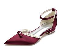 KUHAOFEU Women's Pointed Toe Satin Wedding Flats for Bride Comfortable Pearl Bridal Shoes Low Heel Evening Prom Party Dress Sandal,Burgundy,5 UK