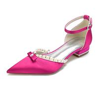 KUHAOFEU Women's Pointed Toe Satin Wedding Flats for Bride Comfortable Pearl Bridal Shoes Low Heel Evening Prom Party Dress Sandal,Rose Red,9 UK