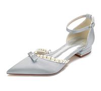 KUHAOFEU Women's Pointed Toe Satin Wedding Flats for Bride Comfortable Pearl Bridal Shoes Low Heel Evening Prom Party Dress Sandal,Silver,4 UK