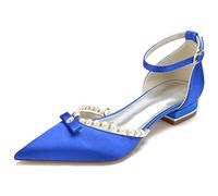KUHAOFEU Women's Pointed Toe Satin Wedding Flats for Bride Comfortable Pearl Bridal Shoes Low Heel Evening Prom Party Dress Sandal,Blue,4 UK