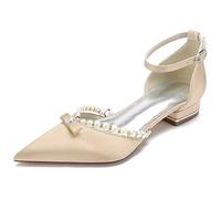 KUHAOFEU Women's Pointed Toe Satin Wedding Flats for Bride Comfortable Pearl Bridal Shoes Low Heel Evening Prom Party Dress Sandal,Champagne,9 UK