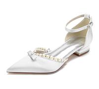 KUHAOFEU Women's Pointed Toe Satin Wedding Flats for Bride Comfortable Pearl Bridal Shoes Low Heel Evening Prom Party Dress Sandal,White,9 UK