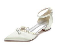 KUHAOFEU Women's Pointed Toe Satin Wedding Flats for Bride Comfortable Pearl Bridal Shoes Low Heel Evening Prom Party Dress Sandal,Ivory,5 UK