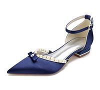 KUHAOFEU Women's Pointed Toe Satin Wedding Flats for Bride Comfortable Pearl Bridal Shoes Low Heel Evening Prom Party Dress Sandal,Dark Blue,8 UK