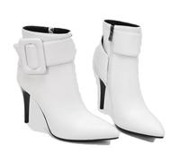 KUHAOFEU Women's Pointed Toe Stiletto High Heels Ankle Booties Side Zipper Short Boots with Metal Buckle,White,2 UK