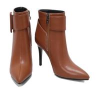 KUHAOFEU Women's Pointed Toe Stiletto High Heels Ankle Booties Side Zipper Short Boots with Metal Buckle,Brown,4 UK