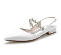 KUHAOFEU Women's Pointed Toe Wedding Flats Rhinestones Glitter Bridal Shoes Slingback Summer Evening Prom Party Dress Sandals,White,4 UK