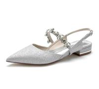 KUHAOFEU Women's Pointed Toe Wedding Flats Rhinestones Glitter Bridal Shoes Slingback Summer Evening Prom Party Dress Sandals,Silver,7 UK