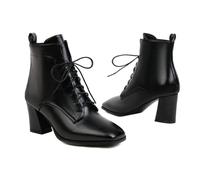 KUHAOFEU Women's PU Leather Comfort Front Lace Up Square Toe Mid Block Heel Ankle Boots,Black,7 UK