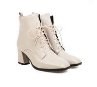 KUHAOFEU Women's PU Leather Comfort Front Lace Up Square Toe Mid Block Heel Ankle Boots,White,7 UK