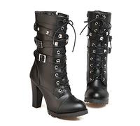 KUHAOFEU Women's Punk Goth Boots Chunky High Heel Mid Calf Combat Boots Lace-Up Round Toe Knight Boots Rivet Belt Buckle Motorcycle Boots,Black,15 UK