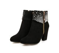 KUHAOFEU Women's Rhinestone Ankle Boots Round Toe Block Chunky Heel Sparkly Party Wedding Booties Side Zipper Dressy Fashion Short Boots,Black,4 UK