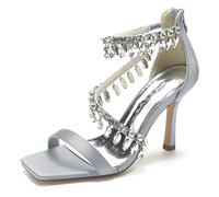 KUHAOFEU Womens Rhinestone Criss Cross Ankle Strap Sandals Open Toe Stilettos High Heels Back Zipper Bridal Wedding Party Shoes,Silver,9 UK