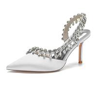 KUHAOFEU Women's Rhinestone Slingback Heels Pointed Toe Stiletto Pumps for Wedding, Party, Slip on Evening Formal Dress Shoes,White,10 UK