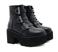 KUHAOFEU Women's Round Toe Side Zipper Punk Boots Chunky Block Heels Motorcycle Combat Boots with Batwing Buckled Platform Goth Booties,Black,6 UK
