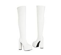 KUHAOFEU Womens Round Toe Zip Platform Thigh High Boots Block High Heel Long Shaft Boots,White,6 UK