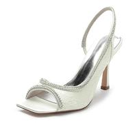 KUHAOFEU Womens Satin Summer High Heels Square Open Toe 3-Inch Stiletto Heeled Sandals Slingback Slip On Party Dress Shoes,Ivory,4 UK
