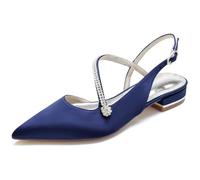 KUHAOFEU Women's Slingback Flat Shoes Closed Toe Formal Dress Shoes for Bridal Rhinestone Decor Wedding Business Evening Flats,Navy,4 UK