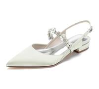 KUHAOFEU Women's Slingback Flats Crystal Strap Pointed Toe Sandals Comfortable Satin Dress Shoes for Wedding, Party, Work & Everyday Casual,Ivory,10 UK