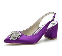 KUHAOFEU Women's Slingback High Heels Chunky Low Heel Bridal Shoes Closed Pointed Toe Rhinestone Wedding Sandal,Dark Purple,10 UK